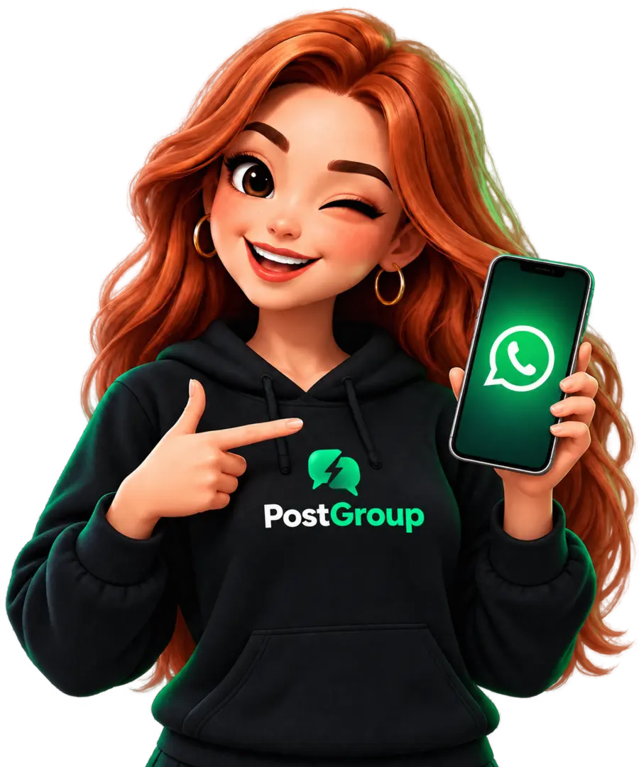 Mascote PostGroup animada apontando para o WhatsApp no celular