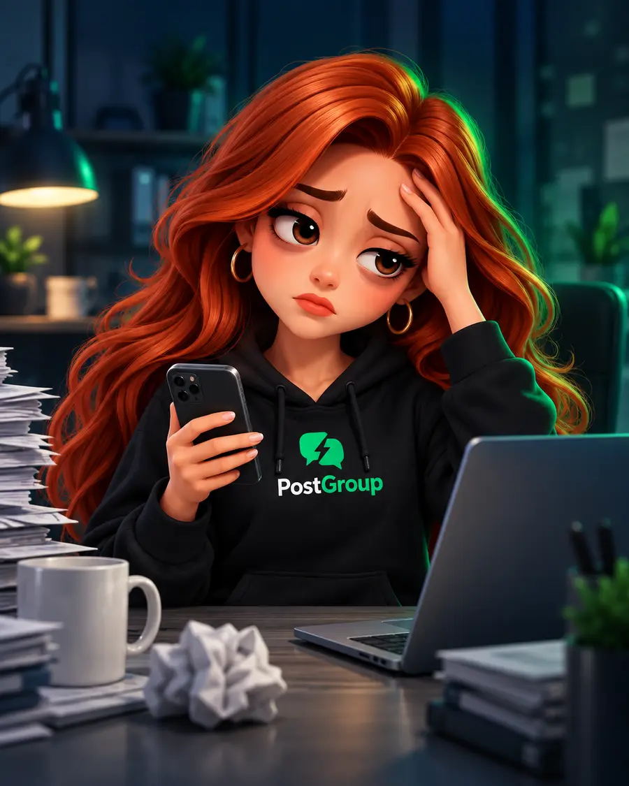 Mascote PostGroup cansada diante da rotina manual, apoiada em uma mesa com papéis e computador